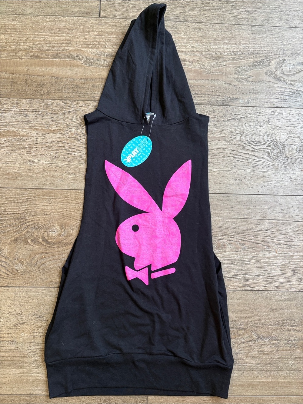 PLAYBOY Swim Deadstock Black Hooded Tank Coverup w  Hot Pink Bunny Graphic